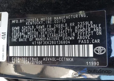2011 Toyota Camry Le z USA, uszkodzony, nr VIN 4T1BF3EK2BU136804